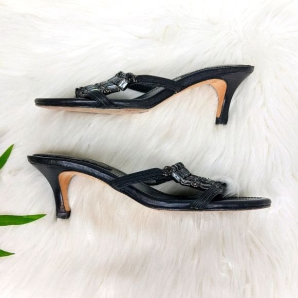 Pelle Moda Black Leather Beaded Kitten Heel Slides 7 y2k Club Special Occasion - Picture 5 of 8